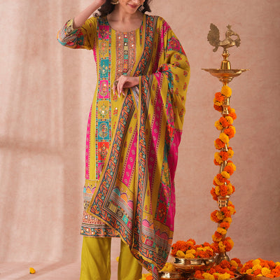 Ethnic Printed & Embroidered Straight Fit Kurta with Pant and Dupatta - Green