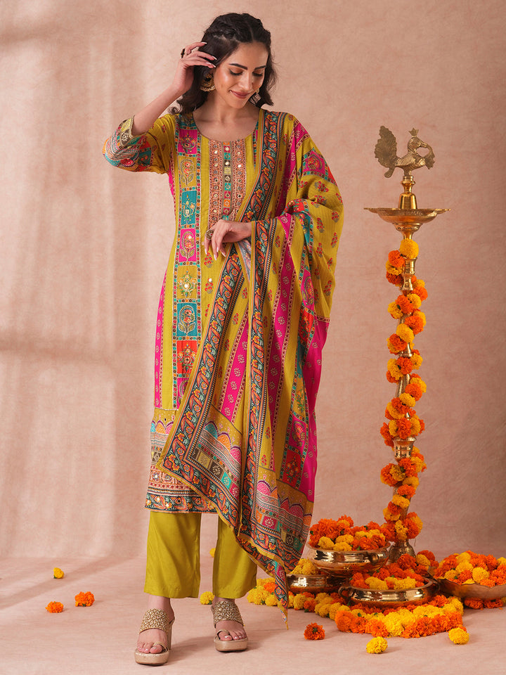 Ethnic Printed & Embroidered Straight Fit Kurta with Pant and Dupatta - Green