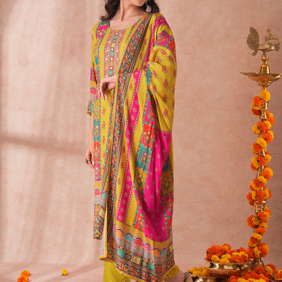 Ethnic Printed & Embroidered Straight Fit Kurta with Pant and Dupatta - Green