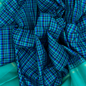 Blue Handloom Korvai Kanchipuram Silk Saree With Checks