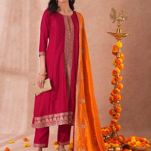 Solid Ethnic Sequin Embroidered Anarkali Kurta with Pant and Dupatta - Ruby Pink