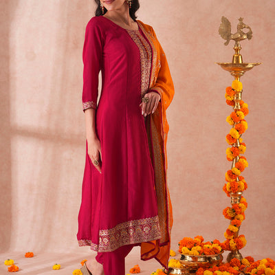 Solid Ethnic Sequin Embroidered Anarkali Kurta with Pant and Dupatta - Ruby Pink