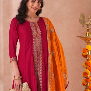 Solid Ethnic Sequin Embroidered Anarkali Kurta with Pant and Dupatta - Ruby Pink