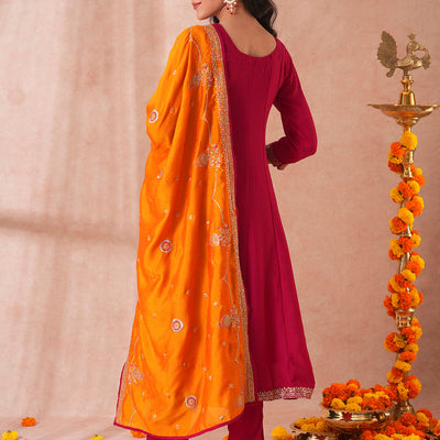 Solid Ethnic Sequin Embroidered Anarkali Kurta with Pant and Dupatta - Ruby Pink