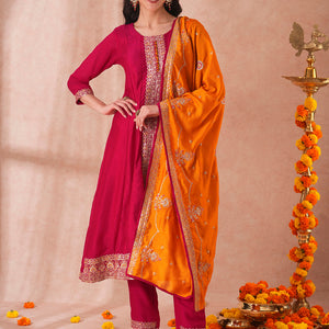 Solid Ethnic Sequin Embroidered Anarkali Kurta with Pant and Dupatta - Ruby Pink