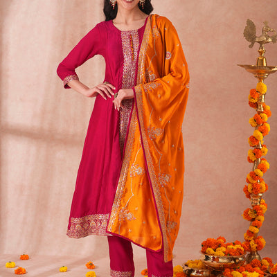 Solid Ethnic Sequin Embroidered Anarkali Kurta with Pant and Dupatta - Ruby Pink
