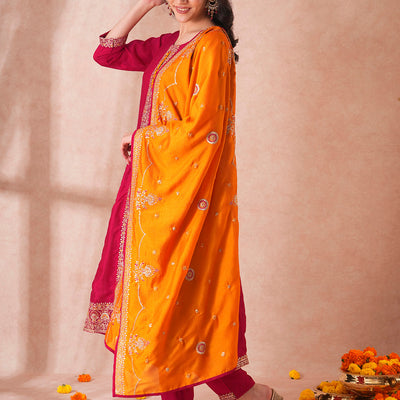 Solid Ethnic Sequin Embroidered Anarkali Kurta with Pant and Dupatta - Ruby Pink