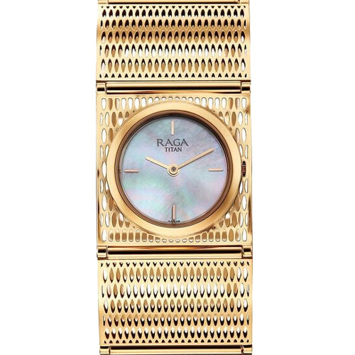 Titan Raga Ethereal Quartz Analog White Mother Of Pearl Dial Rose Gold Stainless Steel Strap Watch For Women 28mm 2770WM01