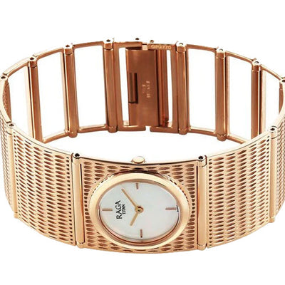 Titan Raga Ethereal Quartz Analog White Mother Of Pearl Dial Rose Gold Stainless Steel Strap Watch For Women 28mm 2770WM01