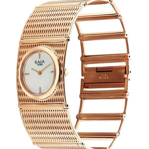 Titan Raga Ethereal Quartz Analog White Mother Of Pearl Dial Rose Gold Stainless Steel Strap Watch For Women 28mm 2770WM01
