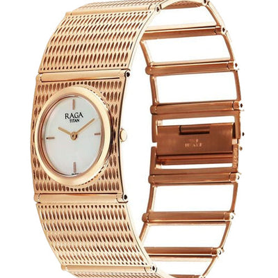 Titan Raga Ethereal Quartz Analog White Mother Of Pearl Dial Rose Gold Stainless Steel Strap Watch For Women 28mm 2770WM01