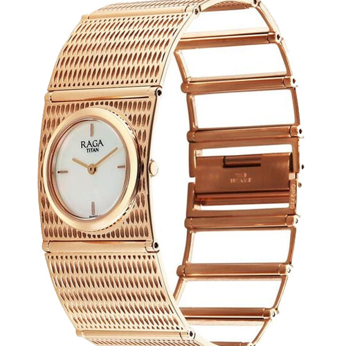 Titan Raga Ethereal Quartz Analog White Mother Of Pearl Dial Rose Gold Stainless Steel Strap Watch For Women 28mm 2770WM01