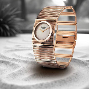 Titan Raga Ethereal Quartz Analog White Mother Of Pearl Dial Rose Gold Stainless Steel Strap Watch For Women 28mm 2770WM01