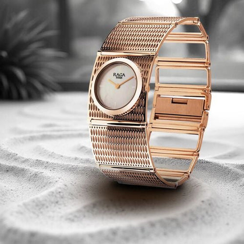 Titan Raga Ethereal Quartz Analog White Mother Of Pearl Dial Rose Gold Stainless Steel Strap Watch For Women 28mm 2770WM01