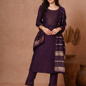 Solid Ethnic Embroidered Straight Fit Kurta with Pant and Jacquard Dupatta - Burgundy