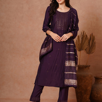 Solid Ethnic Embroidered Straight Fit Kurta with Pant and Jacquard Dupatta - Burgundy