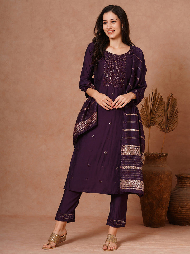 Solid Ethnic Embroidered Straight Fit Kurta with Pant and Jacquard Dupatta - Burgundy