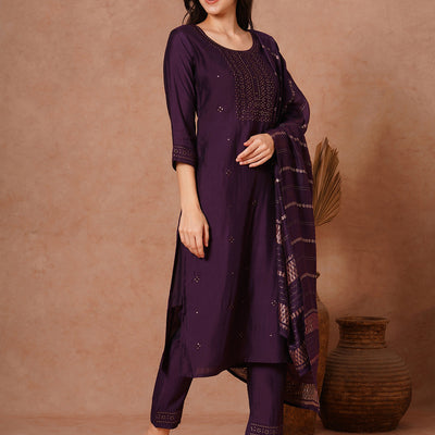 Solid Ethnic Embroidered Straight Fit Kurta with Pant and Jacquard Dupatta - Burgundy