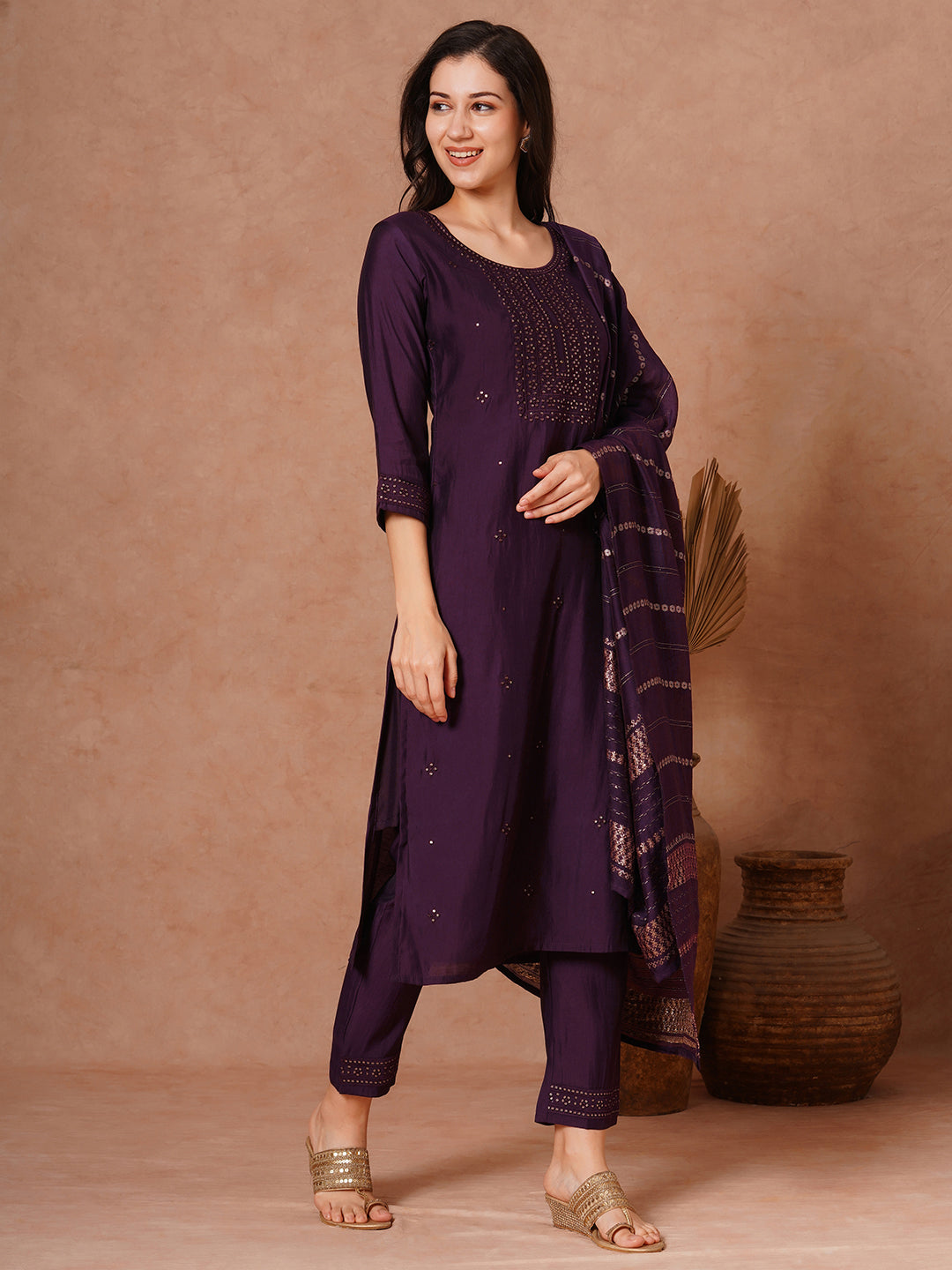 Solid Ethnic Embroidered Straight Fit Kurta with Pant and Jacquard Dupatta - Burgundy