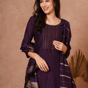 Solid Ethnic Embroidered Straight Fit Kurta with Pant and Jacquard Dupatta - Burgundy