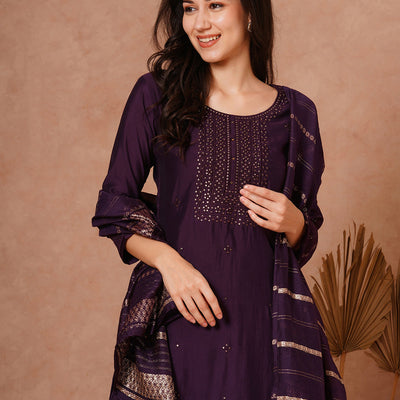 Solid Ethnic Embroidered Straight Fit Kurta with Pant and Jacquard Dupatta - Burgundy