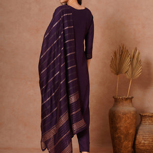 Solid Ethnic Embroidered Straight Fit Kurta with Pant and Jacquard Dupatta - Burgundy