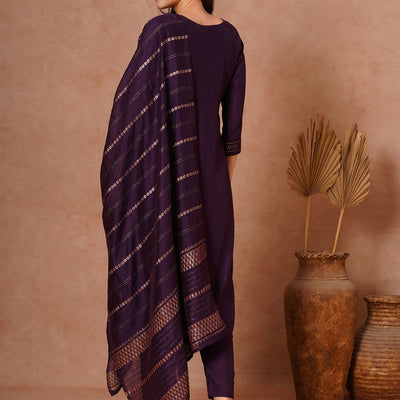 Solid Ethnic Embroidered Straight Fit Kurta with Pant and Jacquard Dupatta - Burgundy