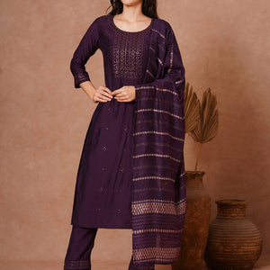 Solid Ethnic Embroidered Straight Fit Kurta with Pant and Jacquard Dupatta - Burgundy