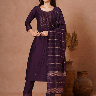 Solid Ethnic Embroidered Straight Fit Kurta with Pant and Jacquard Dupatta - Burgundy