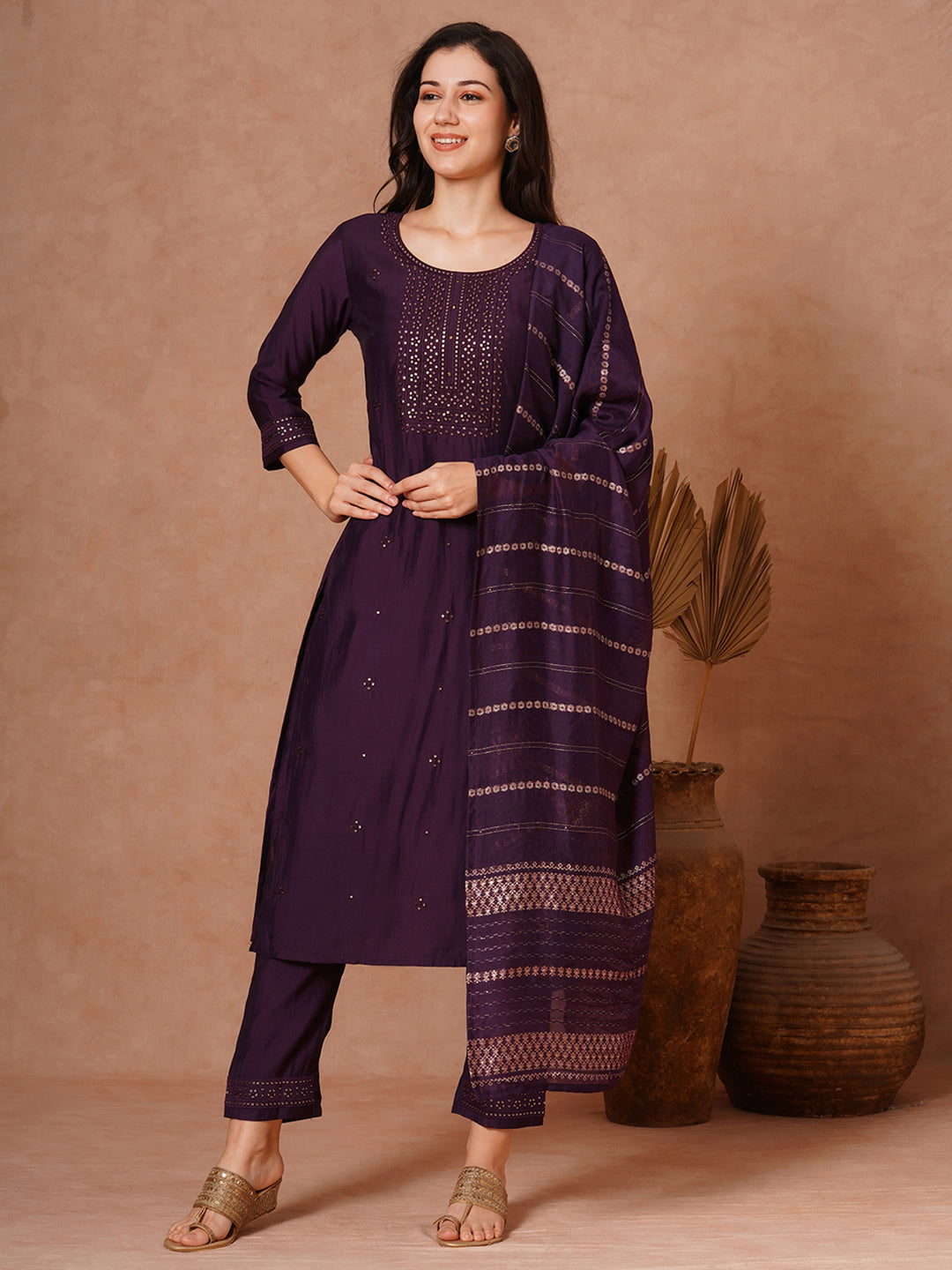 Solid Ethnic Embroidered Straight Fit Kurta with Pant and Jacquard Dupatta - Burgundy