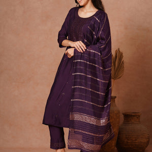 Solid Ethnic Embroidered Straight Fit Kurta with Pant and Jacquard Dupatta - Burgundy