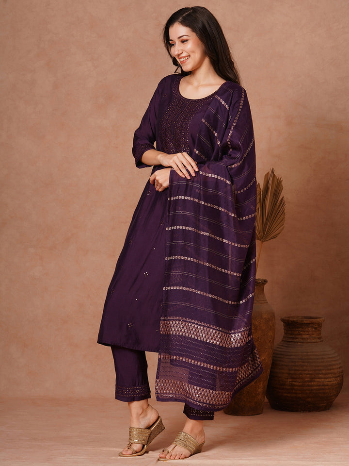 Solid Ethnic Embroidered Straight Fit Kurta with Pant and Jacquard Dupatta - Burgundy