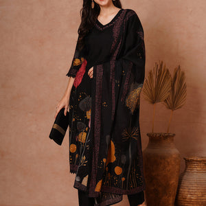 Abstract Floral Printed & Hand Embroidered Straight Fit Kurta with Pant and Dupatta - Black