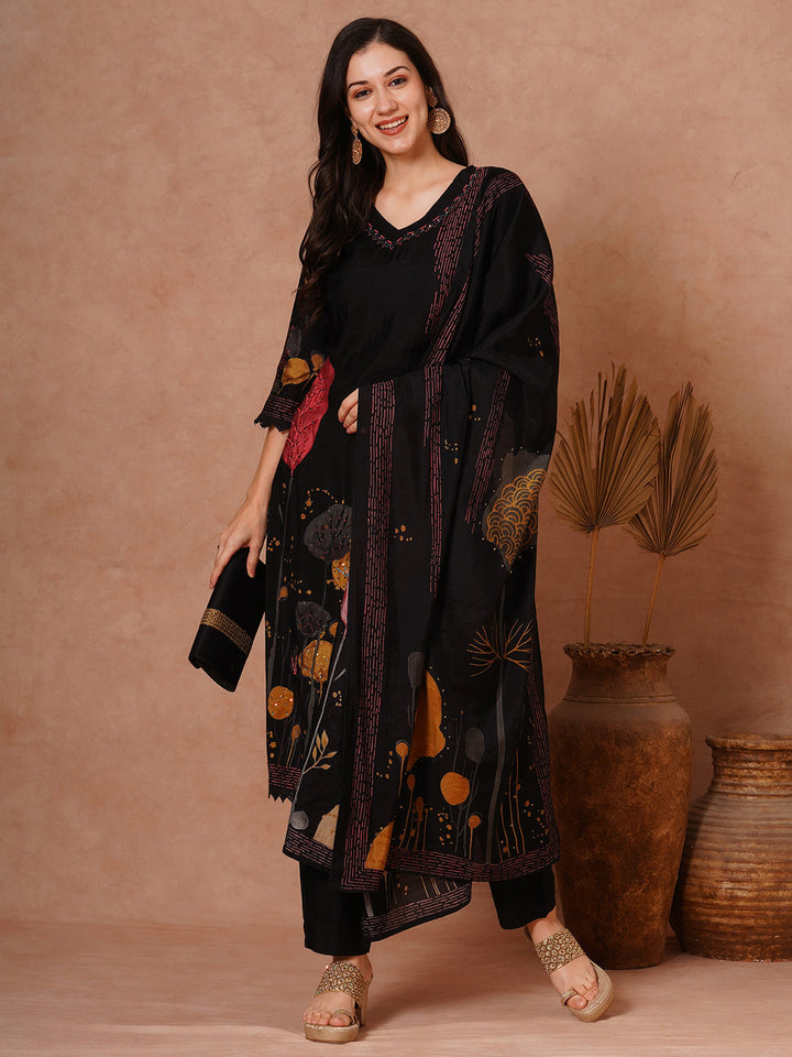 Abstract Floral Printed & Hand Embroidered Straight Fit Kurta with Pant and Dupatta - Black