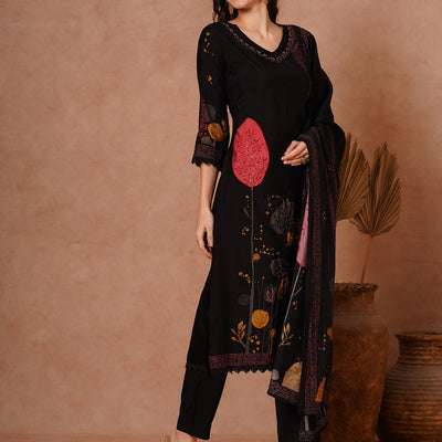 Abstract Floral Printed & Hand Embroidered Straight Fit Kurta with Pant and Dupatta - Black