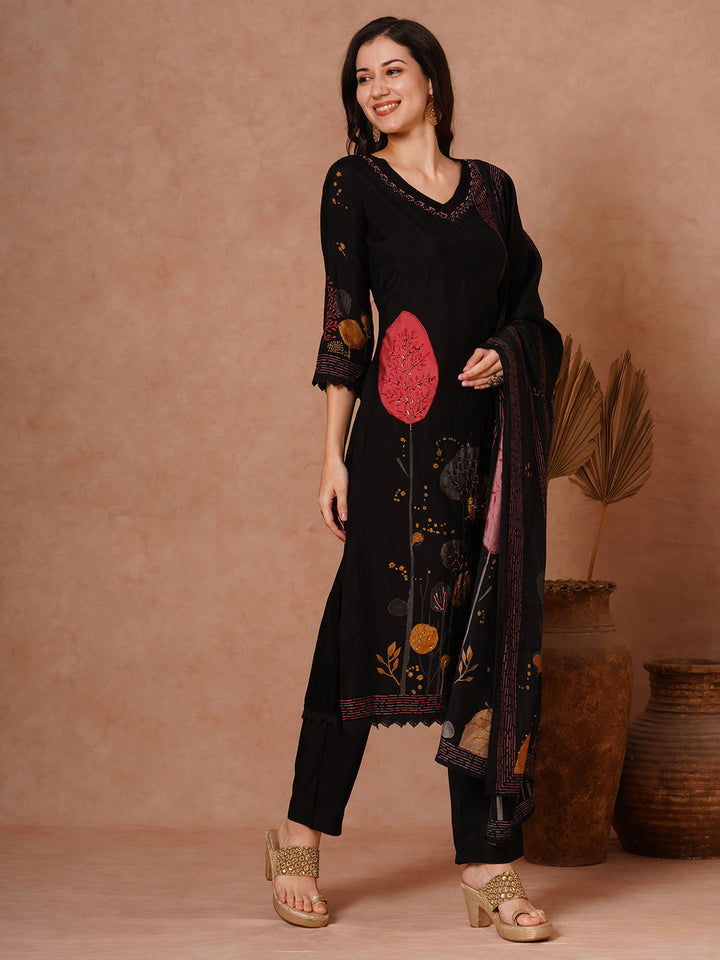 Abstract Floral Printed & Hand Embroidered Straight Fit Kurta with Pant and Dupatta - Black