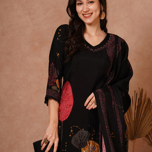 Abstract Floral Printed & Hand Embroidered Straight Fit Kurta with Pant and Dupatta - Black