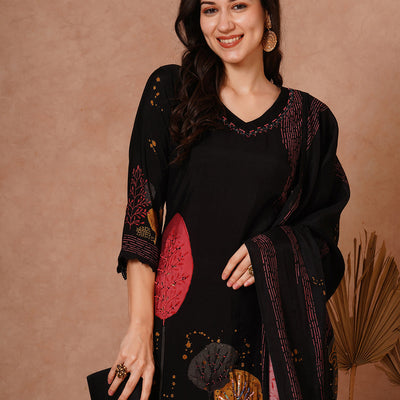 Abstract Floral Printed & Hand Embroidered Straight Fit Kurta with Pant and Dupatta - Black