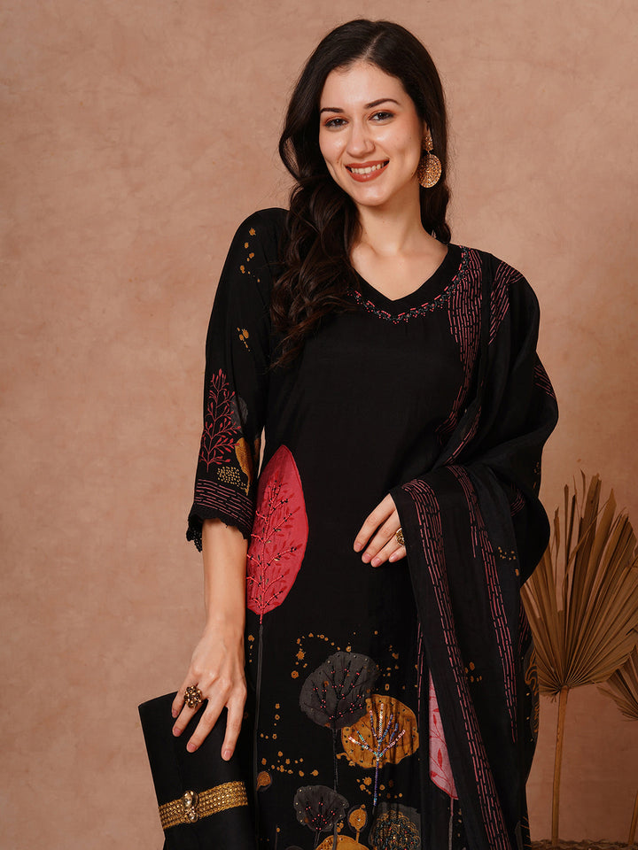 Abstract Floral Printed & Hand Embroidered Straight Fit Kurta with Pant and Dupatta - Black