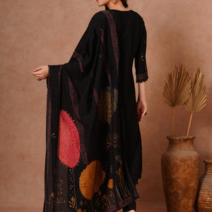 Abstract Floral Printed & Hand Embroidered Straight Fit Kurta with Pant and Dupatta - Black
