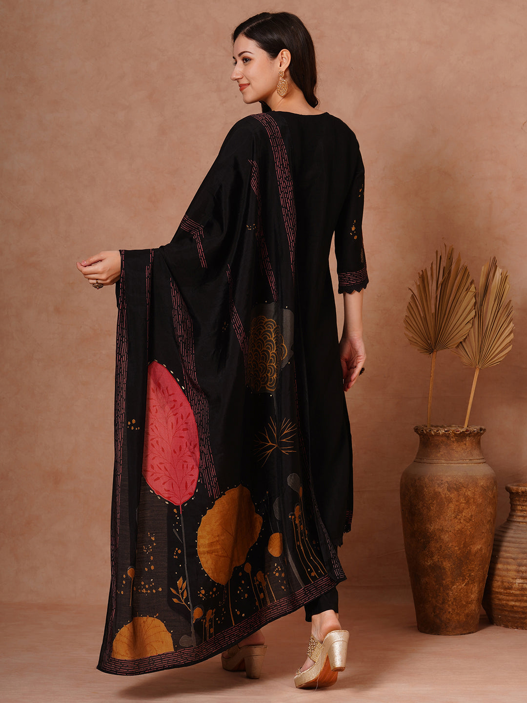 Abstract Floral Printed & Hand Embroidered Straight Fit Kurta with Pant and Dupatta - Black