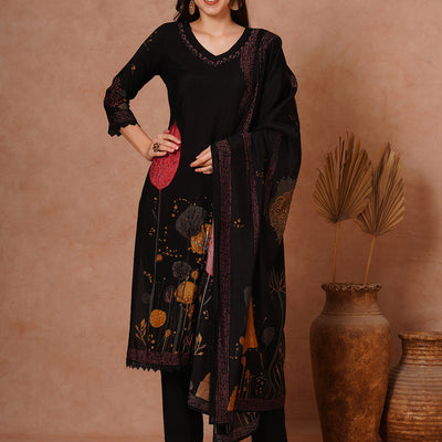 Abstract Floral Printed & Hand Embroidered Straight Fit Kurta with Pant and Dupatta - Black
