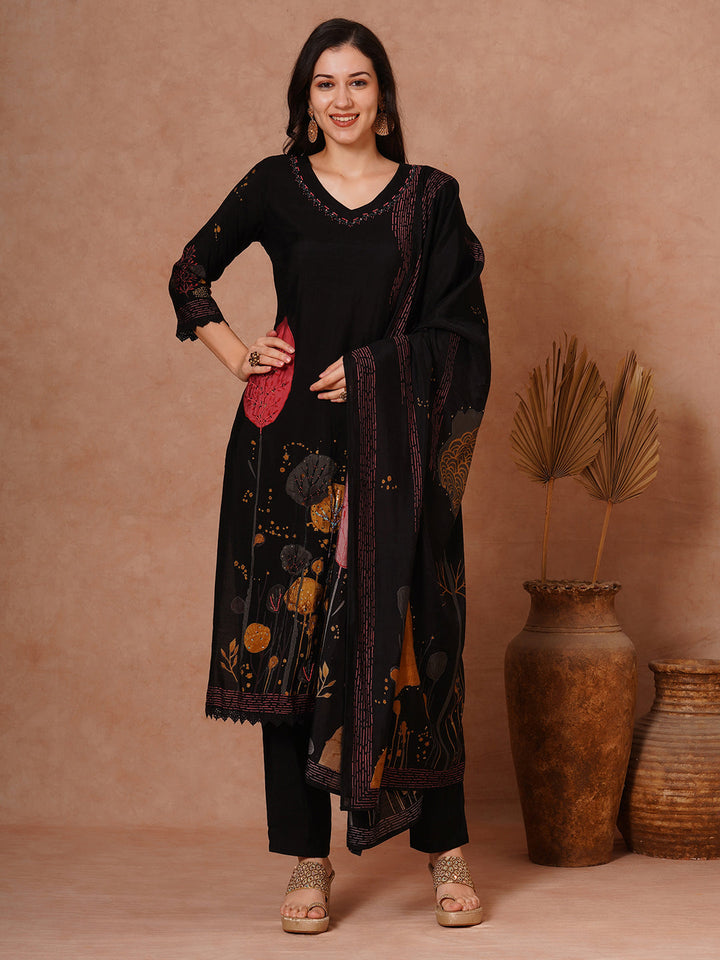 Abstract Floral Printed & Hand Embroidered Straight Fit Kurta with Pant and Dupatta - Black