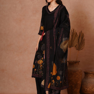 Abstract Floral Printed & Hand Embroidered Straight Fit Kurta with Pant and Dupatta - Black