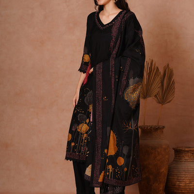 Abstract Floral Printed & Hand Embroidered Straight Fit Kurta with Pant and Dupatta - Black