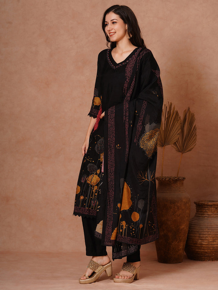 Abstract Floral Printed & Hand Embroidered Straight Fit Kurta with Pant and Dupatta - Black