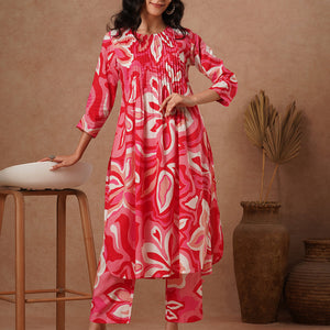 Abstract Printed A-Line Pin Tucked Co-ord Set - Pink