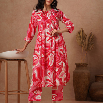 Abstract Printed A-Line Pin Tucked Co-ord Set - Pink