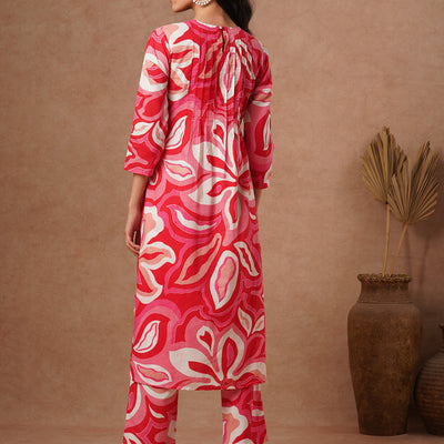 Abstract Printed A-Line Pin Tucked Co-ord Set - Pink