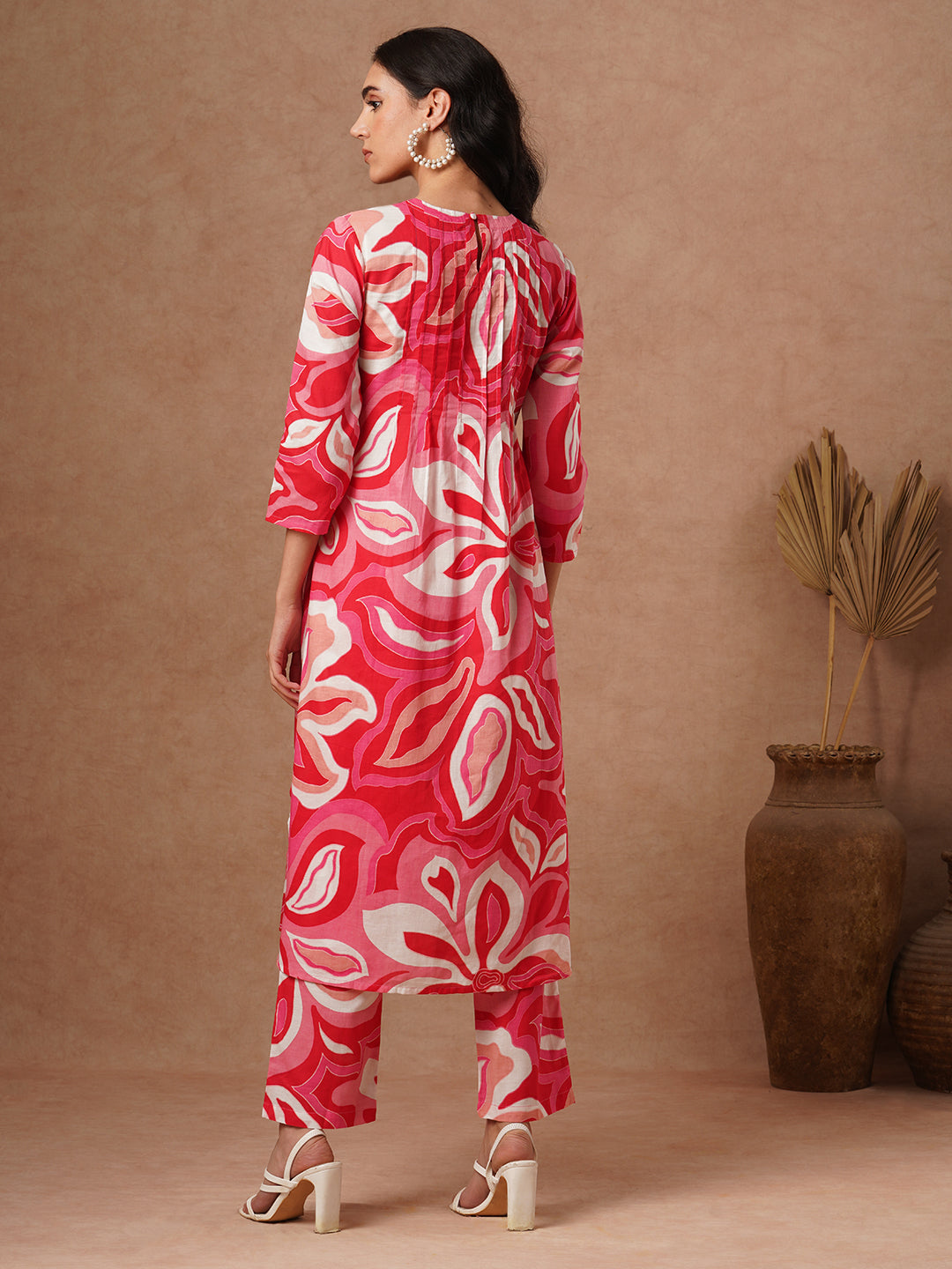 Abstract Printed A-Line Pin Tucked Co-ord Set - Pink